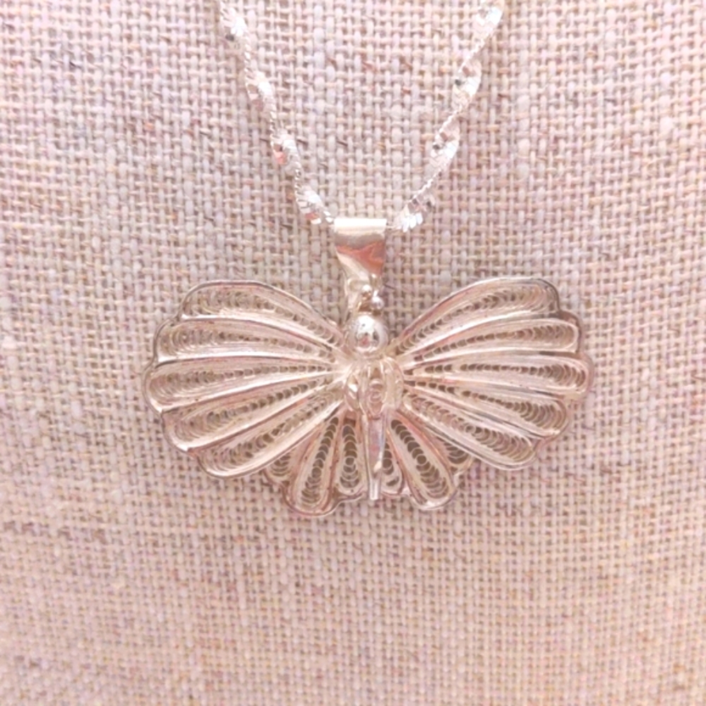 Vintage artisan butterfly Necklace, antique,  wirework 17" sterling chain. Asian